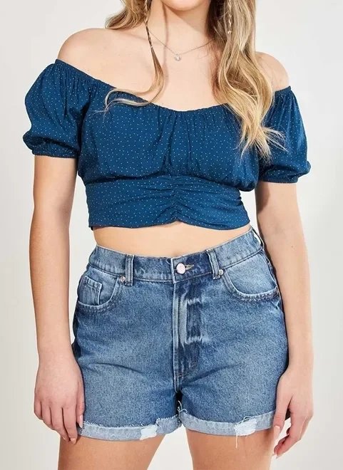 blusa cropped bufante azul poá blusa cropped bufante azul poá