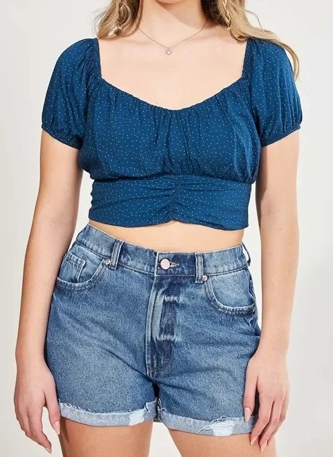 blusa cropped bufante azul poá blusa cropped bufante azul poá
