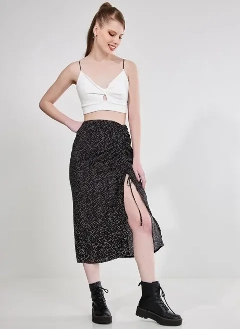 saia midi com amarração preta poá saia midi com amarração preta poá