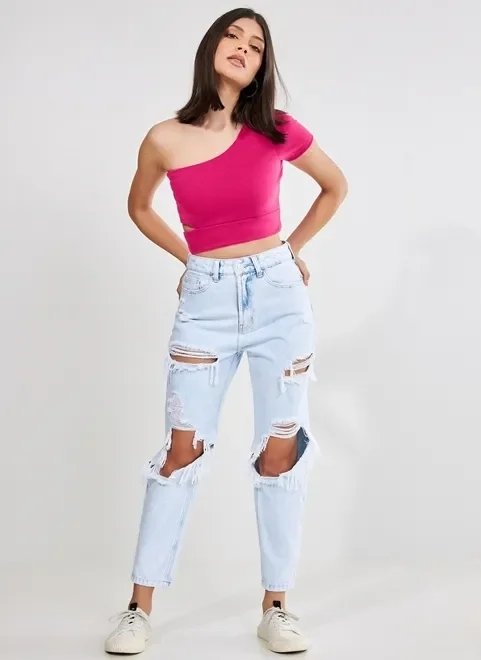 blusa cropped rosa ombro único blusa cropped rosa ombro único