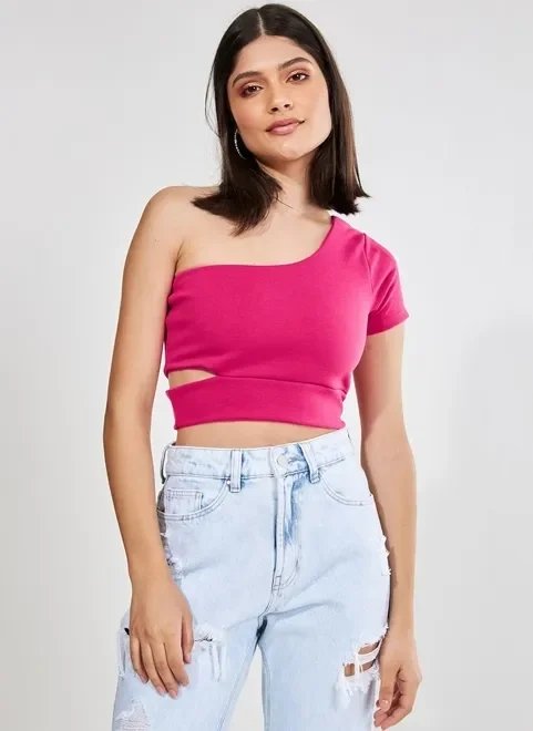 blusa cropped rosa ombro único blusa cropped rosa ombro único