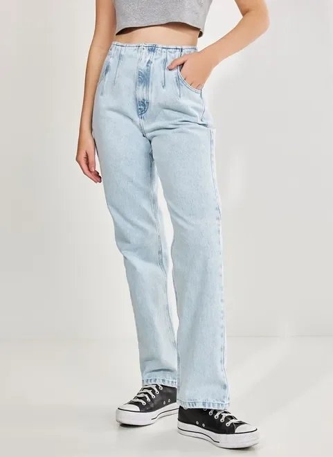 * calça jeans reta over com pences * calça jeans reta over com pences