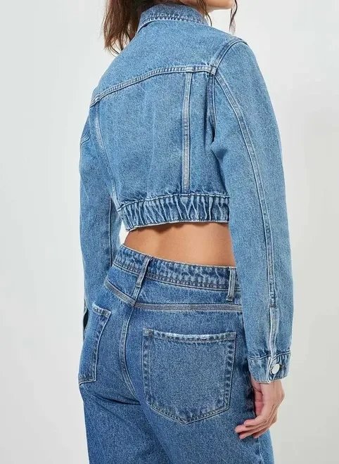 jaqueta jeans cropped com elástico jaqueta jeans cropped com elástico