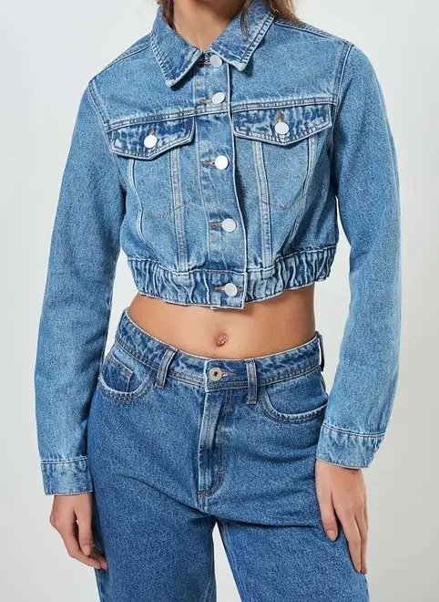 jaqueta jeans cropped com elástico jaqueta jeans cropped com elástico