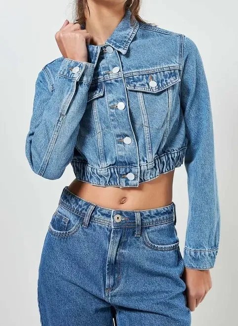 jaqueta jeans cropped com elástico jaqueta jeans cropped com elástico