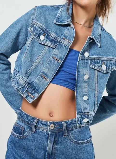 jaqueta jeans cropped com elástico jaqueta jeans cropped com elástico
