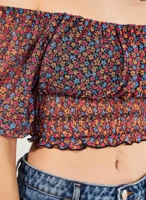 cropped com tule colorido de florzinhas cropped com tule colorido de florzinhas