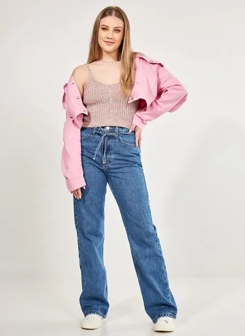 calça jeans reta over com amarração calça jeans reta over com amarração