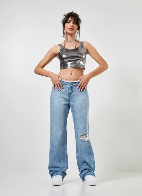 calça jeans reta over cintura baixa desfiada calça jeans reta over cintura baixa desfiada