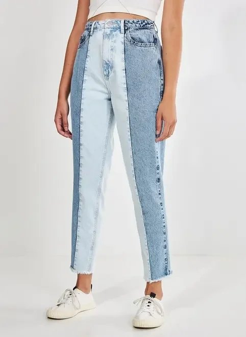 calça mom jeans meio a meio calça mom jeans meio a meio