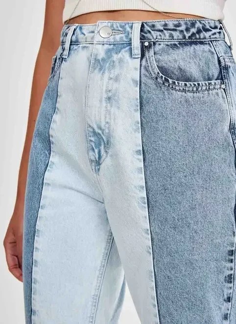 calça mom jeans meio a meio calça mom jeans meio a meio
