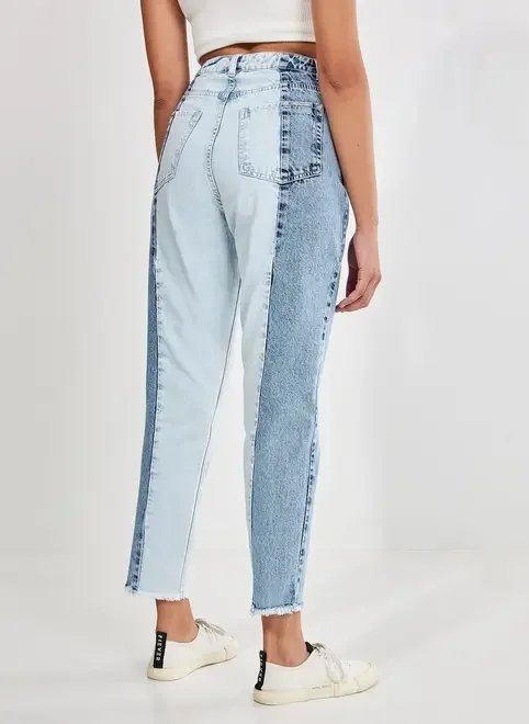 calça mom jeans meio a meio calça mom jeans meio a meio