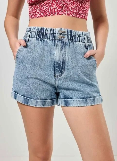 short jeans com elástico e barra dobrada short jeans com elástico e barra dobrada