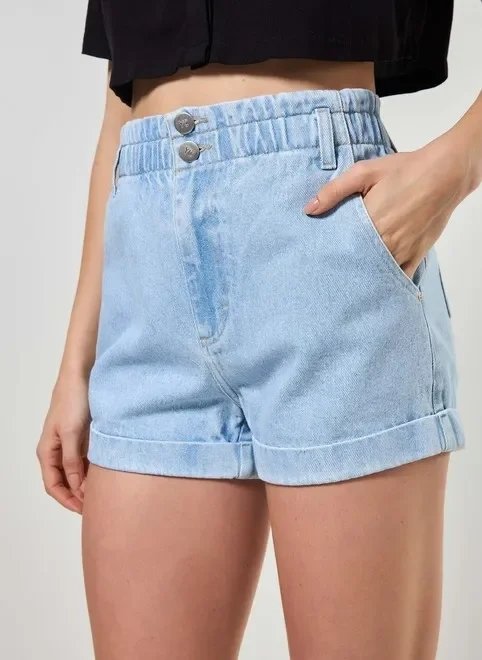 short jeans com elástico e barra dobrada short jeans com elástico e barra dobrada
