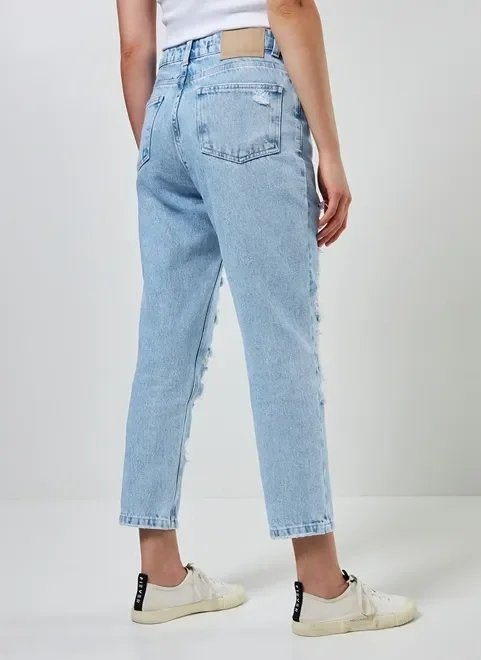 calça jeans reta de cintura alta com rasgos calça jeans reta de cintura alta com rasgos