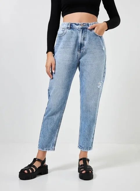 calça mom jeans marmorizada com elástico calça mom jeans marmorizada com elástico