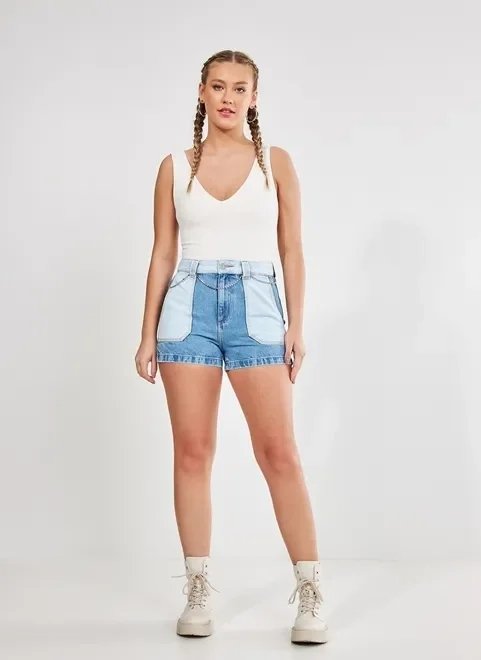short mom jeans patchwork de cintura alta short mom jeans patchwork de cintura alta