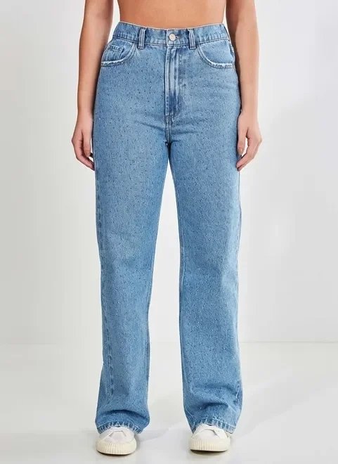 calça jeans reta over com brilhos calça jeans reta over com brilhos