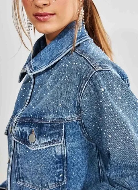 jaqueta jeans cropped com brilho jaqueta jeans cropped com brilho