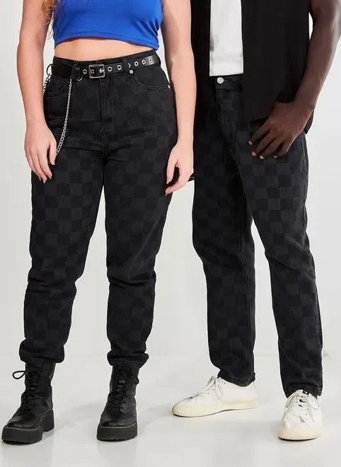 calça mom jeans preta quadriculada calça mom jeans preta quadriculada