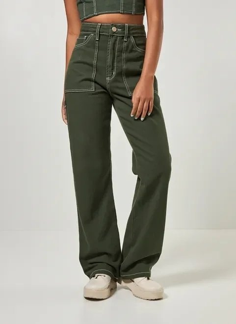 calça wide leg em sarja com costuras calça wide leg em sarja com costuras