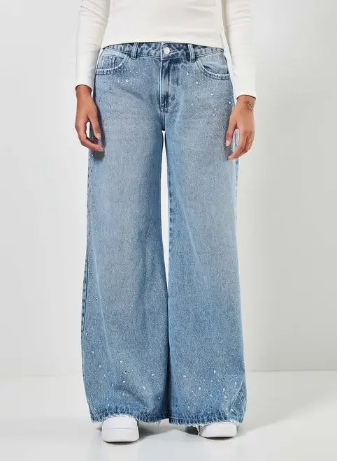 calça jeans pantalona cintura baixa brilhos calça jeans pantalona cintura baixa brilhos