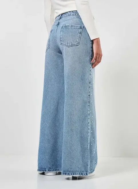 calça jeans pantalona cintura baixa brilhos calça jeans pantalona cintura baixa brilhos