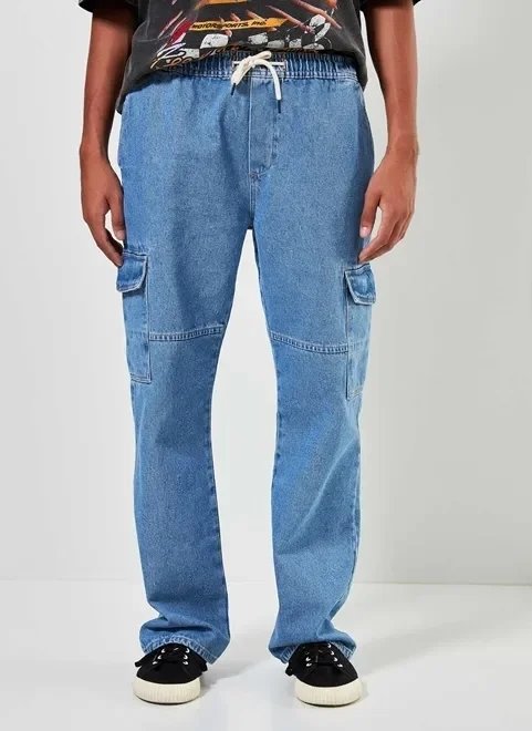 calça jeans reta cargo com elástico calça jeans reta cargo com elástico