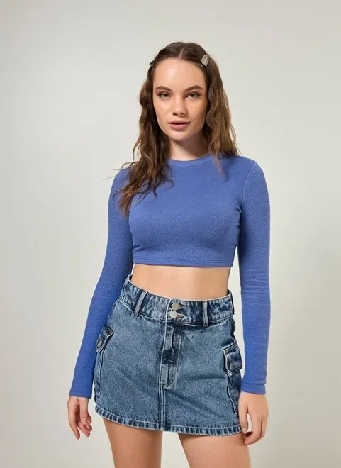 blusa cropped de manga longa malha crepe blusa cropped de manga longa malha crepe