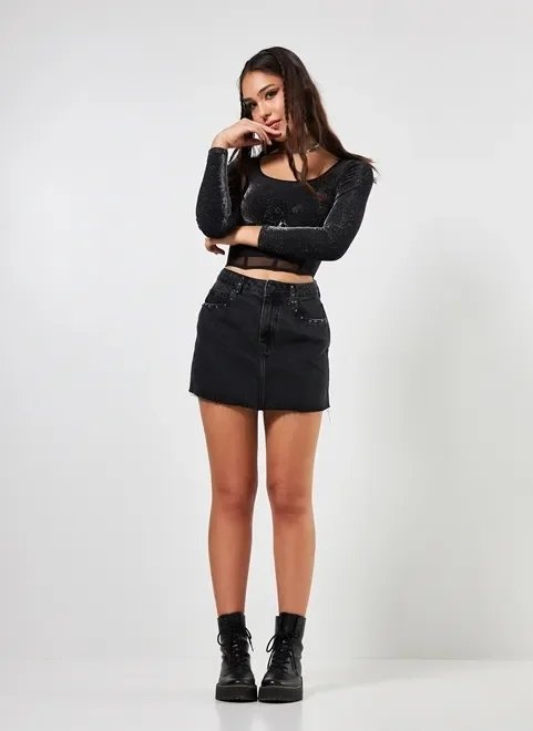 saia jeans preta com spikes saia jeans preta com spikes