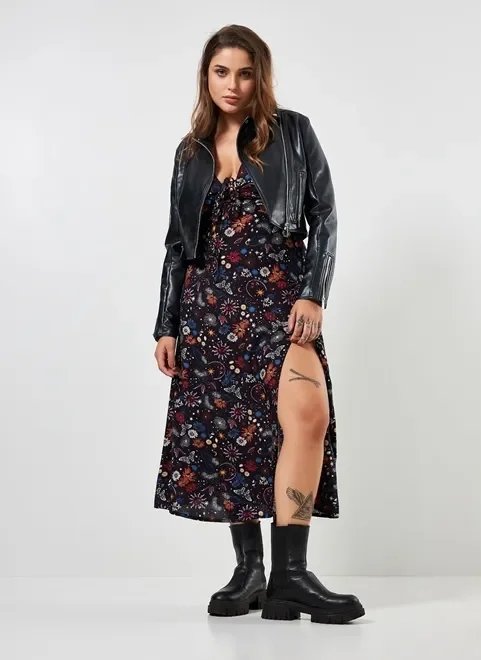 vestido midi com fenda e estampa mística vestido midi com fenda e estampa mística