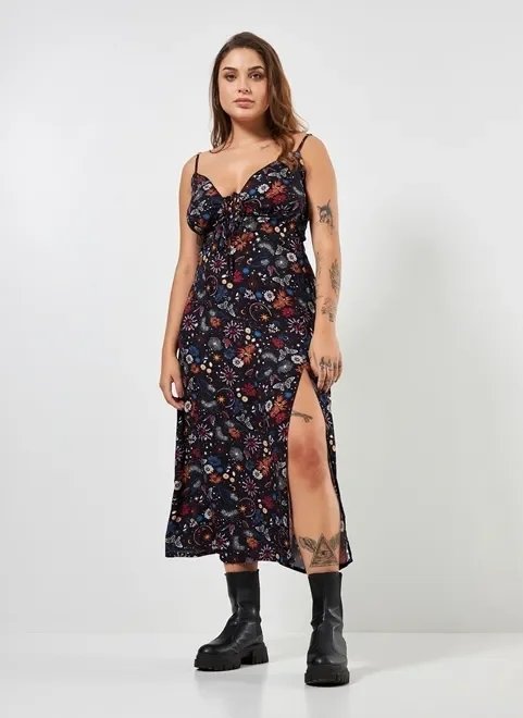 vestido midi com fenda e estampa mística vestido midi com fenda e estampa mística