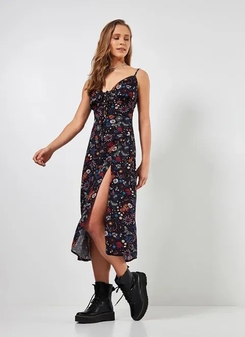 vestido midi com fenda e estampa mística vestido midi com fenda e estampa mística