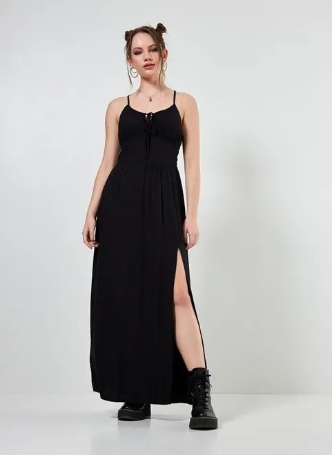 vestido longo preto romântico com fenda vestido longo preto romântico com fenda