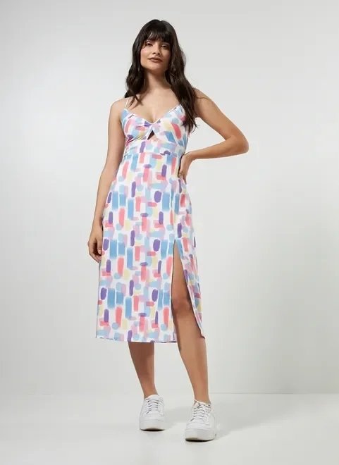 vestido midi com linho e pinceladas coloridas vestido midi com linho e pinceladas coloridas