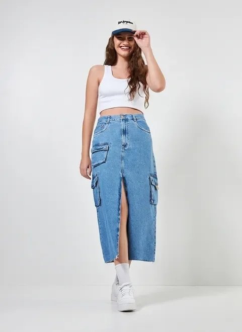saia jeans midi com fenda cargo saia jeans midi com fenda cargo