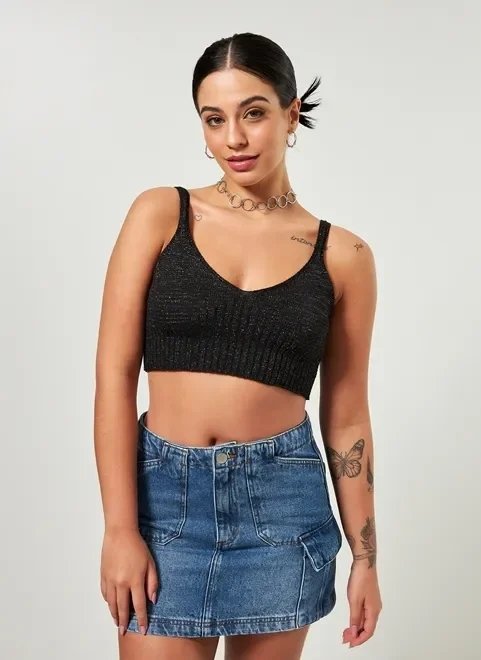 top em tricô preto com brilho colorido top em tricô preto com brilho colorido