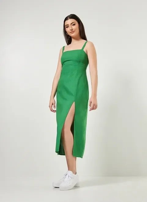 vestido midi fenda com linho vestido midi fenda com linho