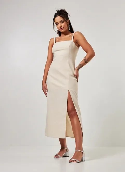 vestido midi fenda com linho vestido midi fenda com linho