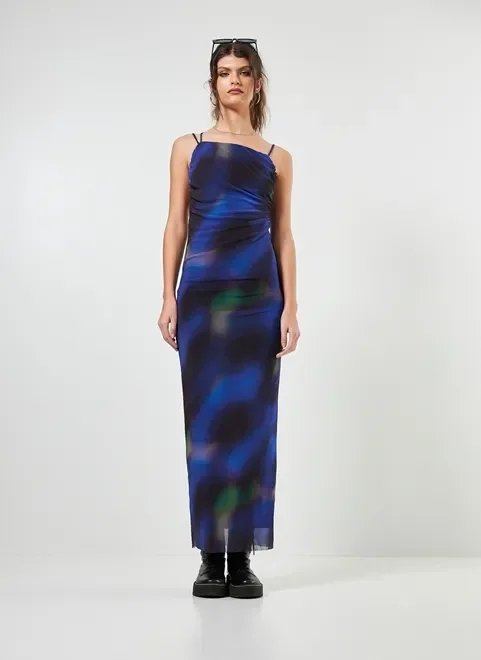 vestido midi com tule azul estampado vestido midi com tule azul estampado