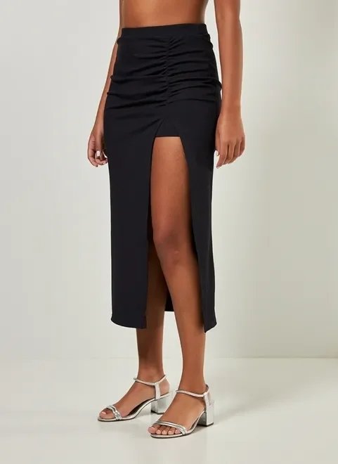 saia midi com fenda e franzido saia midi com fenda e franzido