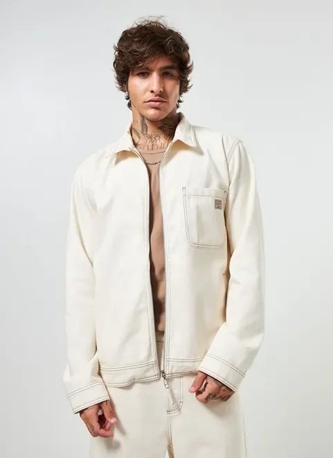 jaqueta sarja off-white costuras contrastantes jaqueta sarja off-white costuras contrastantes