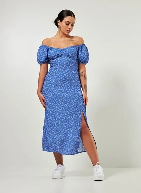 vestido midi azul com florzinhas vestido midi azul com florzinhas