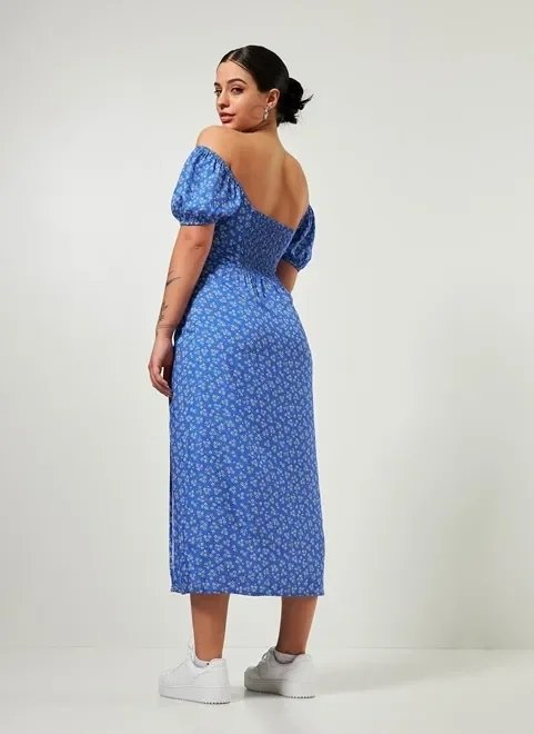 vestido midi azul com florzinhas vestido midi azul com florzinhas
