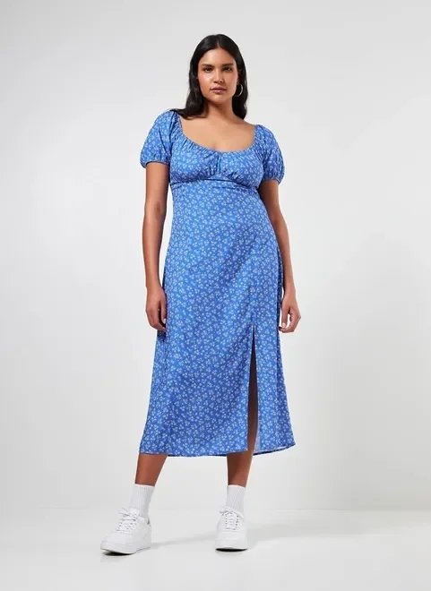 vestido midi azul com florzinhas vestido midi azul com florzinhas