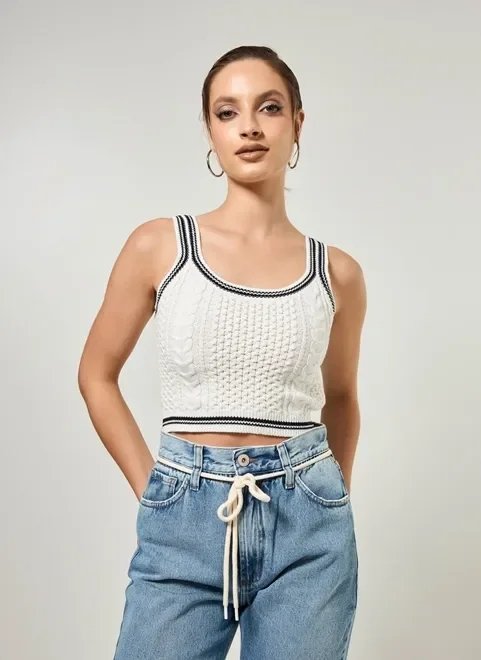 cropped em tricô branco com preto cropped em tricô branco com preto
