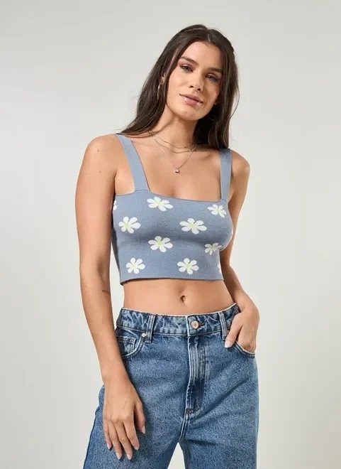 cropped em tricô jacquard azul flores cropped em tricô jacquard azul flores