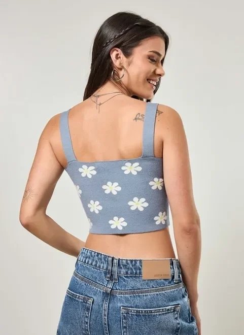 cropped em tricô jacquard azul flores cropped em tricô jacquard azul flores