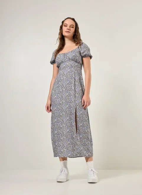 vestido midi de manga bufante com fenda vestido midi de manga bufante com fenda