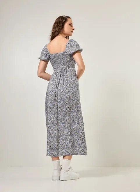 vestido midi de manga bufante com fenda vestido midi de manga bufante com fenda